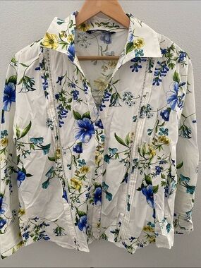 Zara White Floral Button-Down Shirt with Blue & Yellow Flowers